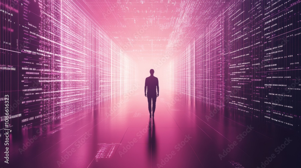 Person walking through a digital space. Person walking through a digital space.