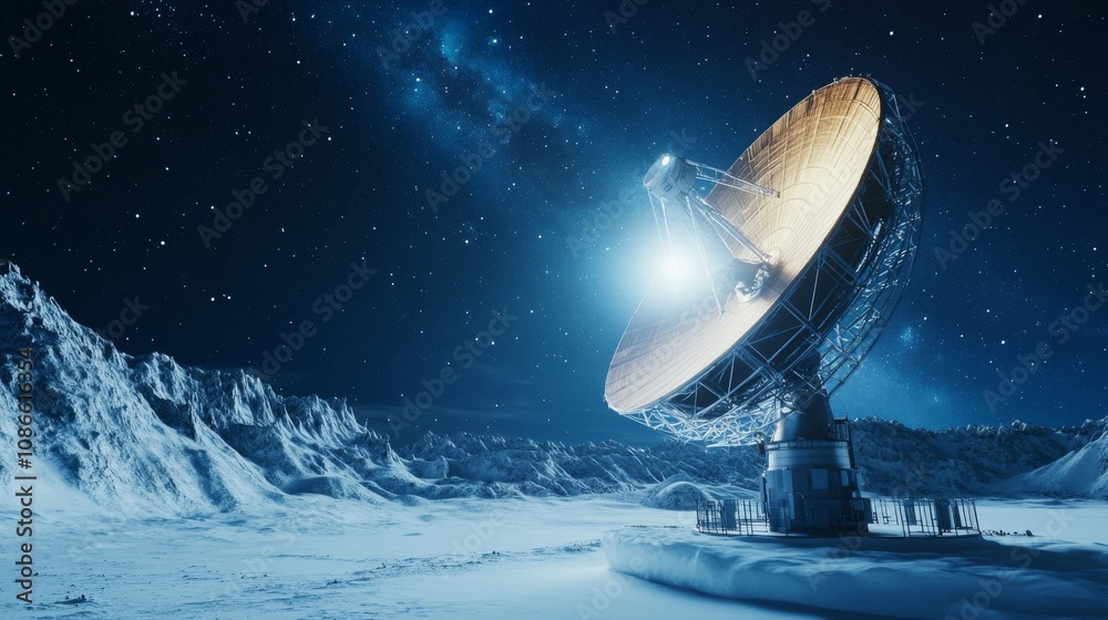 Satellite dish receiving signals in outer space. Satellite dish receiving signals in outer space.