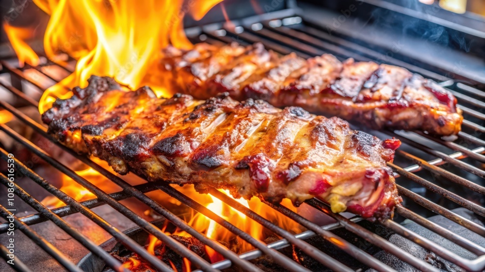 Close-up of Juicy Pork Ribs Grilling Over Flames Close-up of Juicy Pork Ribs Grilling Over Flames