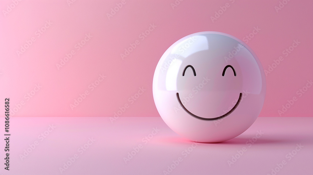 Fototapeta premium Cheerful Smiley Face Icon with a Grinning Expression Against a Soft Pink Background, Perfect for Representing Happiness, Joy, and Positivity in Designs