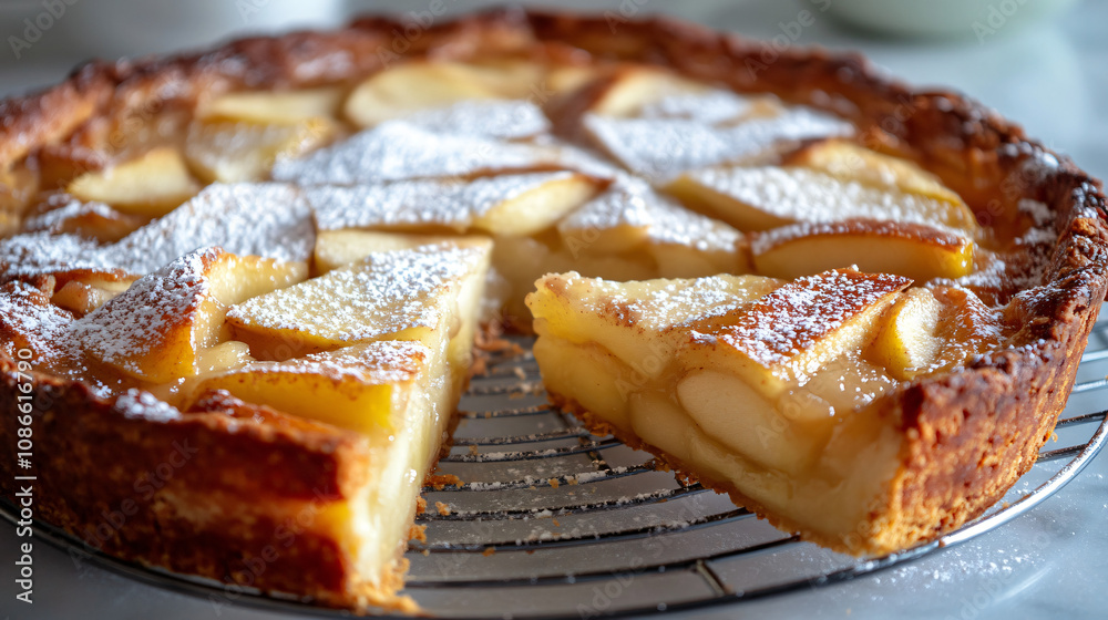 A freshly baked apple pie with a beautiful golden crust, placed on a cooling rack with a sprinkle of powdered sugar and a slice cut out showing the warm apple filling. A freshly baked apple pie with a beautiful golden crust, placed on a cooling rack with a sprinkle of powdered sugar and a slice cut out showing the warm apple filling.