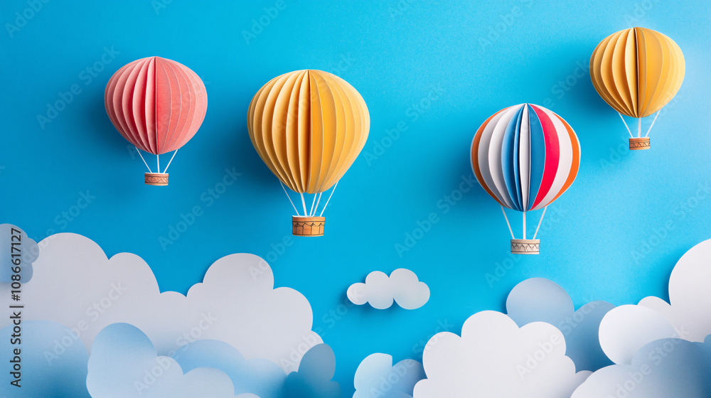 Obraz premium Colorful hot air balloons floating through a sky full of paper clouds, symbolizing adventure and dreams. 