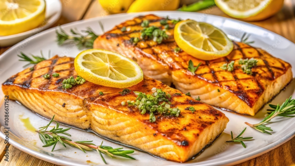 Grilled Salmon with Lemon and Rosemary on a White Plate Grilled Salmon with Lemon and Rosemary on a White Plate