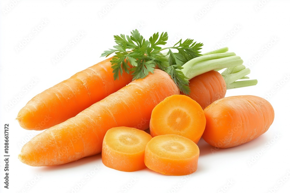 Carrots isolated. Carrot on white background. Three carrots with green leaves. With clipping path. Full depth of field. Carrots isolated. Carrot on white background. Three carrots with green leaves. With clipping path. Full depth of field.