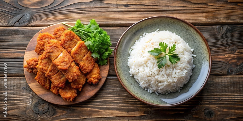 From above, fried pork and rice create a delicious landscape. From above, fried pork and rice create a delicious landscape.