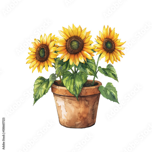 sunflowers in pot vector illustration in watercolor style