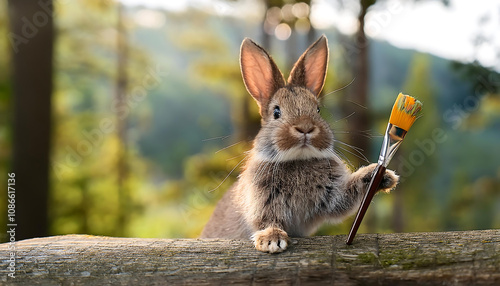 Whimsical Rabbit Painting a Forest Masterpiece photo