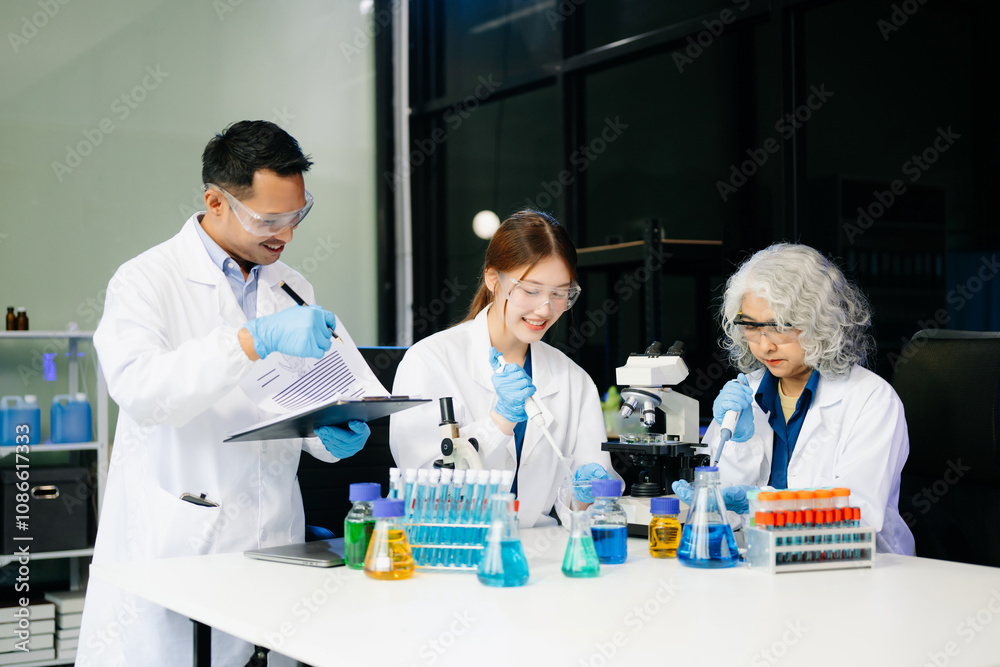 Dynamic science lab where a team of scientists collaborates on research, testing, and innovation Dynamic science lab where a team of scientists collaborates on research, testing, and innovation