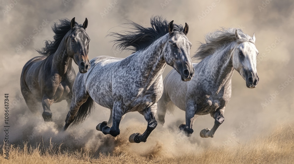 Three Horses Running Through a Dusty Field