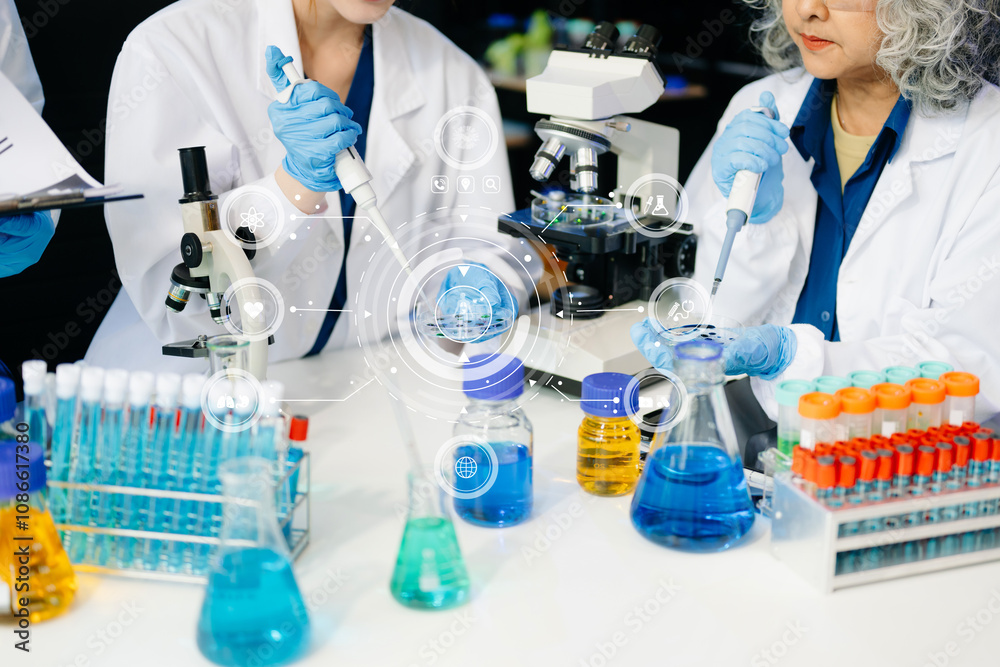 Fototapeta premium Dynamic science lab where a team of scientists collaborates on research, testing, and innovation