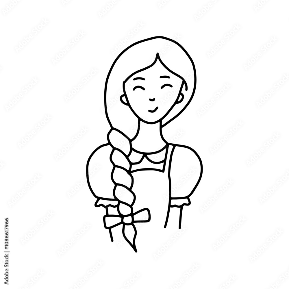 Girl with a braid in doodle style. Vector isolated on white background. Girl with a braid in doodle style. Vector isolated on white background.