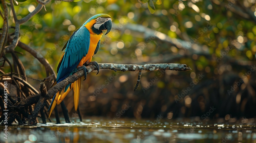 Obraz premium Macaw resting on a Caribbean mangrove, natural light creating a picturesque scene, vivid colors enhanced through post-processing and color grading, HD wildlife photography, 8K quality, with depth of