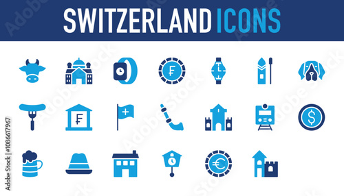Switzerland set of blue icon. Bull, Parliament, Wrist watch, France, Hat, Wristwatch, Paddle Surf, Mastiff, Sausage, Bank, Flag, Alphorn, Castle, Train, Dollar, Beer, Apartment vector.	

