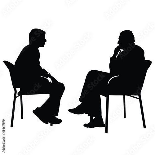 Two men are sitting in chairs and talking. One of the men is wearing a tie. The chairs are black