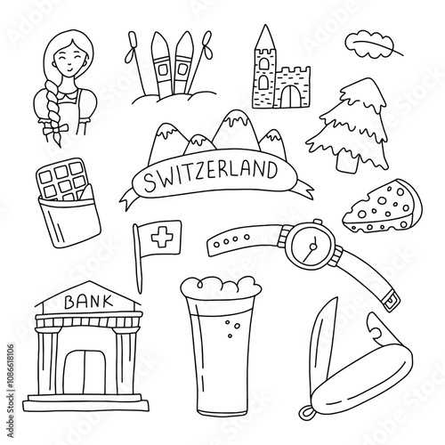 Set of Switzerland country elements in doodle style. Vector isolated on white background.
