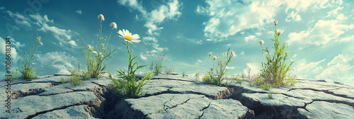 Cracked Earth Rising into the Sky, with Grass and Flowers Blooming from the Crevices 