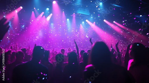 Nightlife vibes with crowd dancing beneath stunning colorful lights and confetti drops image