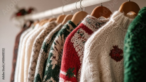 Cozy knitted sweaters hanging in a row, showcasing festive patterns and warm textures, AI photo