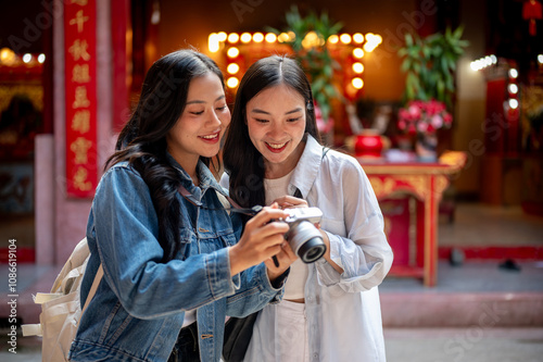 Two happy, pretty Asian female friends visit a Chinese shrine, checking photos on a camera together. photo