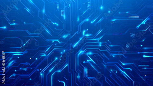 Futuristic vector illustration of a blue circuit board with intricate digital tech elements. Circuit board with glowing neon lines and geometric patterns. Perfect for advanced technology backgrounds