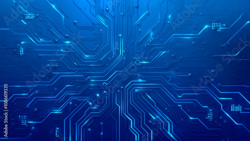 Futuristic vector illustration of a blue circuit board with intricate digital tech elements. Circuit board with glowing neon lines and geometric patterns. Perfect for advanced technology backgrounds