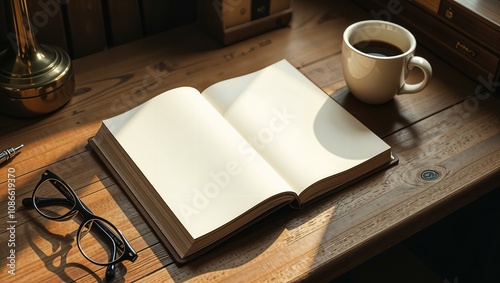 An empty, clean open book or notebook lies on a wooden work table, with glasses for vision and a white cup of coffee nearby. Sunlight falls on the objects. A close-up view from above