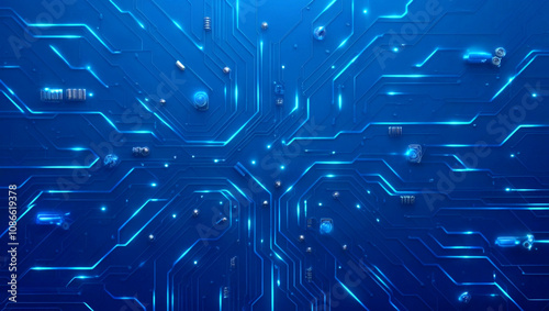 Futuristic vector illustration of a blue circuit board with intricate digital tech elements. Circuit board with glowing neon lines and geometric patterns. Perfect for advanced technology backgrounds