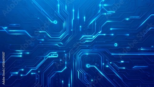 Futuristic vector illustration of a blue circuit board with intricate digital tech elements. Circuit board with glowing neon lines and geometric patterns. Perfect for advanced technology backgrounds