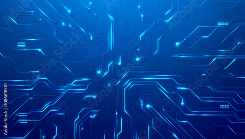 Futuristic vector illustration of a blue circuit board with intricate digital tech elements. Circuit board with glowing neon lines and geometric patterns. Perfect for advanced technology backgrounds