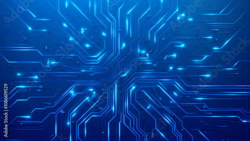 Futuristic vector illustration of a blue circuit board with intricate digital tech elements. Circuit board with glowing neon lines and geometric patterns. Perfect for advanced technology backgrounds