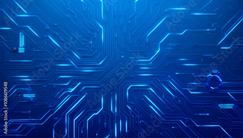 Futuristic vector illustration of a blue circuit board with intricate digital tech elements. Circuit board with glowing neon lines and geometric patterns. Perfect for advanced technology backgrounds