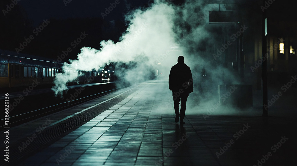 Dark Silhouette of a Person Walking Along a Deserted Train Platform, Smoke from a Train Engine Filling the Air, Enhancing the Mystery Dark Silhouette of a Person Walking Along a Deserted Train Platform, Smoke from a Train Engine Filling the Air, Enhancing the Mystery