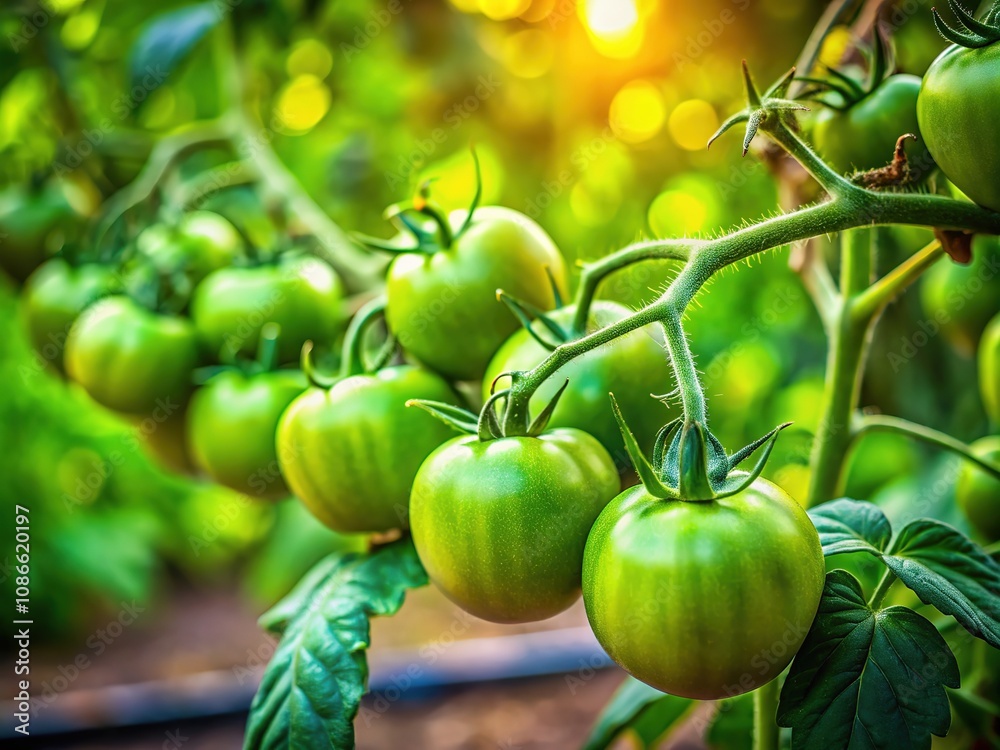 Green tomatoes, seemingly shrunk by magic, bask in the vibrant hues of a miniature garden captured through tilt-shift. Green tomatoes, seemingly shrunk by magic, bask in the vibrant hues of a miniature garden captured through tilt-shift.