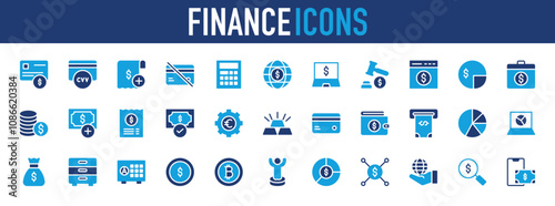 Finance set of blue icon. Credit Card, Cvv, Plus, Global Economy, Block, Laptop, Bid, Webpage, Chart, add, Briefcase, Dollar, Invoice, Cash Payment, Euro, Cash Withdrawal, Ingot vector.	
