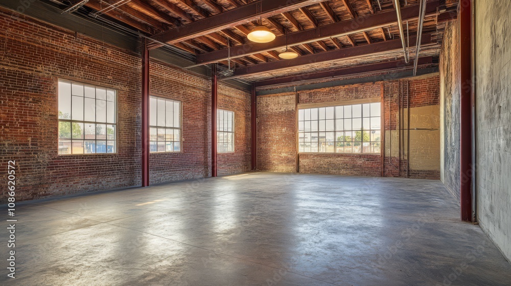 Empty industrial space with exposed brick walls, large windows, and concrete floor.