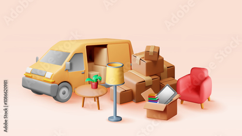 3D delivery van with open door and home stuff inside. Render moving to new house. Relocation to new home. Boxes with goods. Package transportation. Furniture, lamp, plant, books. Vector illustration