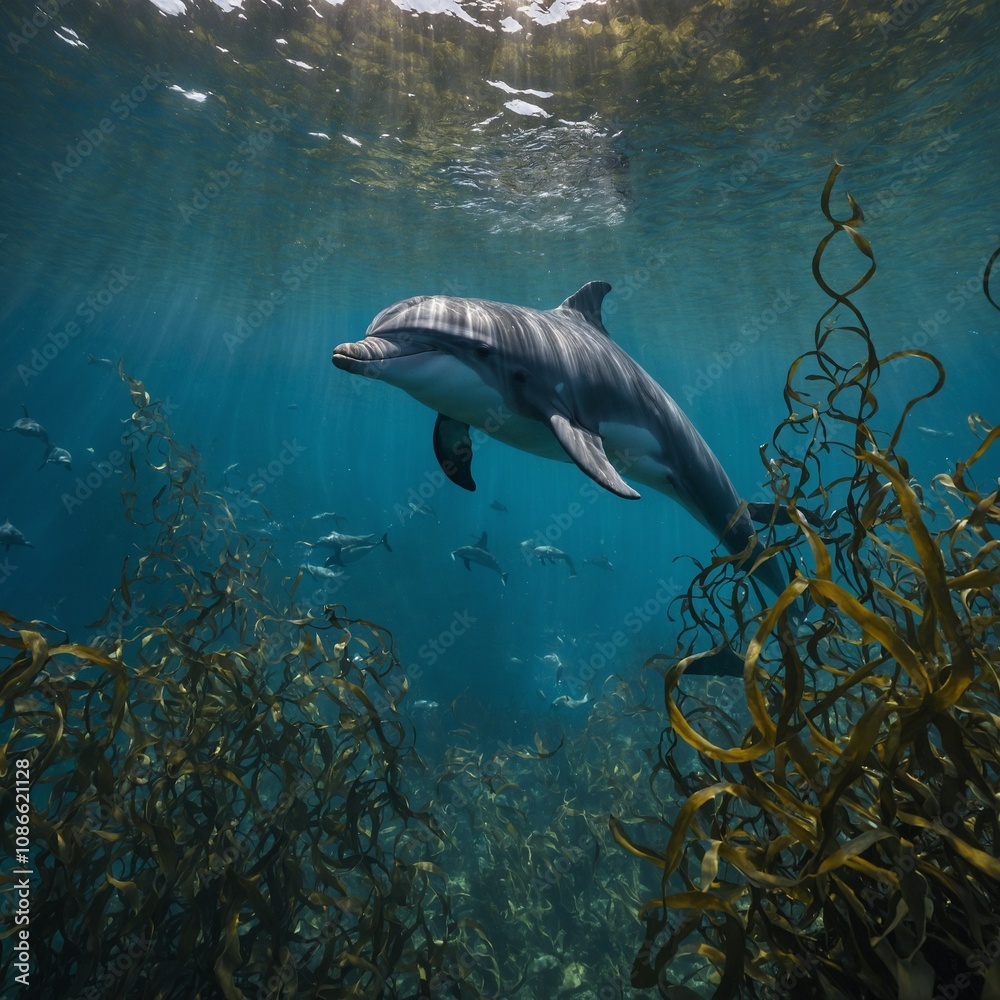 Fototapeta premium A dolphin swimming peacefully through a kelp forest.