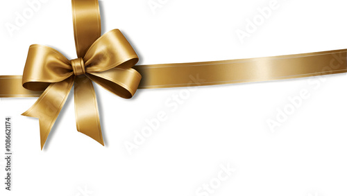 Golden Bow with Ribbon: A simple yet elegant gold satin ribbon tied into a classic bow, perfect for adding a touch of sophistication to your designs.Transparent Background.