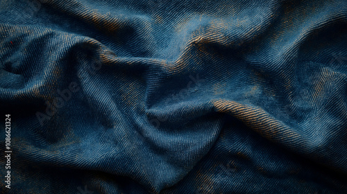 Close-up of worn-out denim texture with visible threads and faded areas, ideal for backgrounds, textiles, or design projects needing a rustic and authentic fabric look