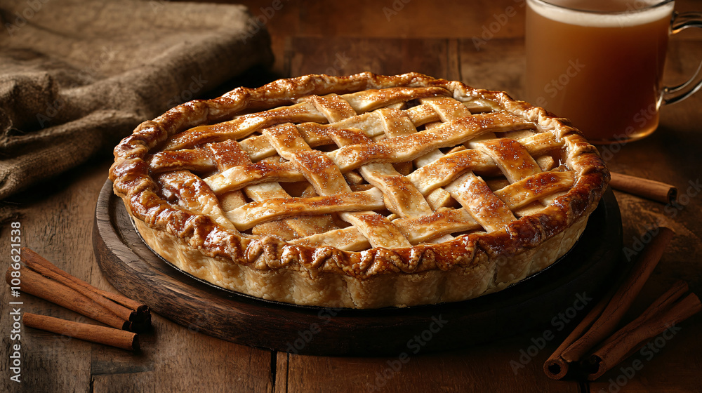 A freshly made apple pie with a lattice crust, placed on a rustic wooden table with scattered cinnamon sticks and a mug of hot cider next to it. A freshly made apple pie with a lattice crust, placed on a rustic wooden table with scattered cinnamon sticks and a mug of hot cider next to it.