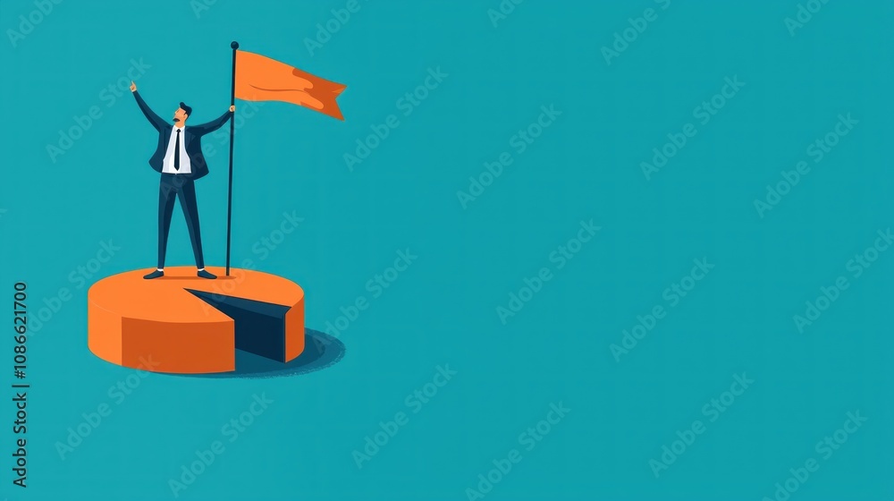 Leading the Way to Success - Business Leader on Pie Chart with Achievement Flag, Flat Design Concept with Copy Space