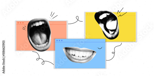 Contemporary concept collage of online meeting and business communication, remote teamwork, video conference, and digital dialogue.