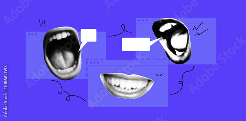 Contemporary online meeting collage with halftone mouth and speech bubbles. Abstract concept of virtual call and remote work. Modern internet network for freelance.