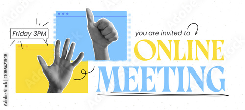 Corporate online meeting banner with halftone hand collage. Remote work concept showcasing video conference, team collaboration, and digital communication.