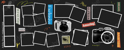 Vintage photo frame set with camera and sticker icons at the transparent bg as a png. Retro collage design for dream memories.