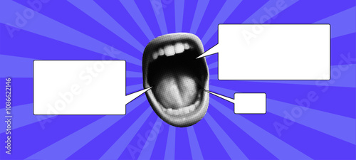 Collage of a halftone mouth with a speech bubble, yelling in a pop art style. Blue sunburst background.