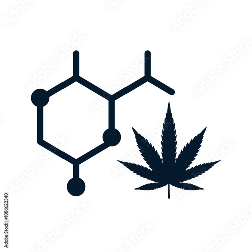 Concept molecular structure of medical cannabis. Vector linear icon isolated on white background.