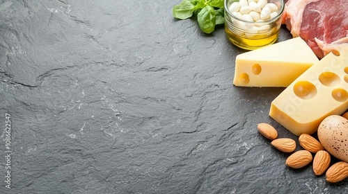 Variety of Cheeses, Nuts, Herbs, and Olive Oil on Slate Surface with Ingredients for a Savory Appetizer or Cheese Platter Presentation photo