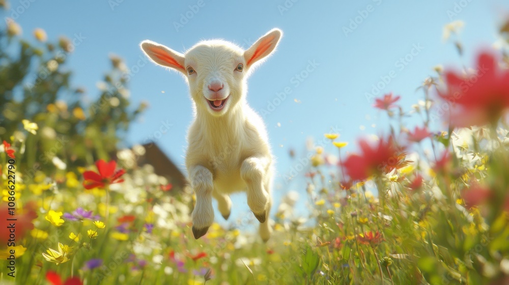 Joyful Baby Goat Frolicking in Sunny Pasture with Vibrant Wildflowers - Wholesome Farm Life Scene Joyful Baby Goat Frolicking in Sunny Pasture with Vibrant Wildflowers - Wholesome Farm Life Scene