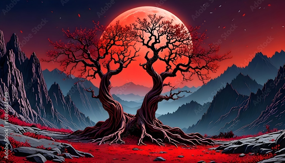 Ethereal Scene of Twisted Tree, Radiant Red Moon, and Misty Mountains Ethereal Scene of Twisted Tree, Radiant Red Moon, and Misty Mountains
